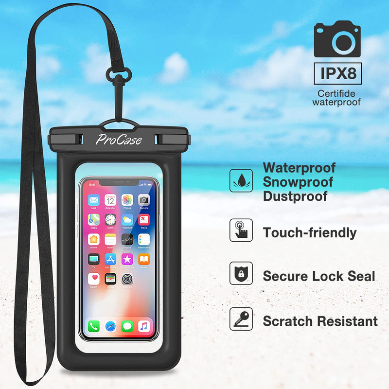  [AUSTRALIA] - ProCase Floating Waterproof Phone Pouch, Universal Float Underwater Dry Bag Case for iPhone 13 Pro Max /12 Pro Max 11 XS XR 8 7 Plus Galaxy Pixel up to 7.0" for Beach Swimming -2 Pack, Black