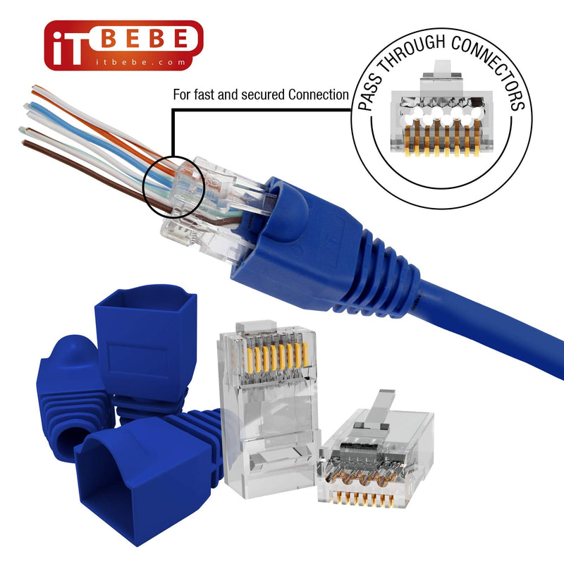 ITBEBE 30/30 RJ45 Cat6 Pass Through Connectors for 23 AWG Cables - 30 Cat6 Passthrough Connector Ends and 30 RJ45 Connectors Blue Strain Relief Boots for Clean, snag-Free Ethernet Patch Cord 30 Connectors and 30 Boots CAT6A - LeoForward Australia