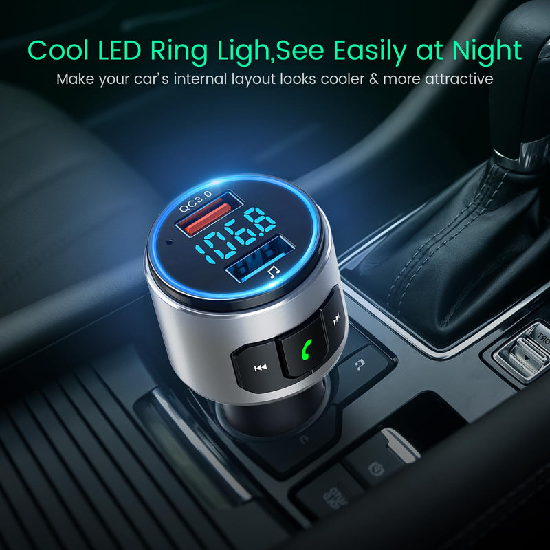  [AUSTRALIA] - Octeso Upgraded V5.0 FM Bluetooth Transmitter Car, QC3.0 & LED Backlit Wireless Bluetooth FM Radio Adapter Music Player/Car Kit with Hands-Free Calls, Siri Google Assistant-Silver Silver