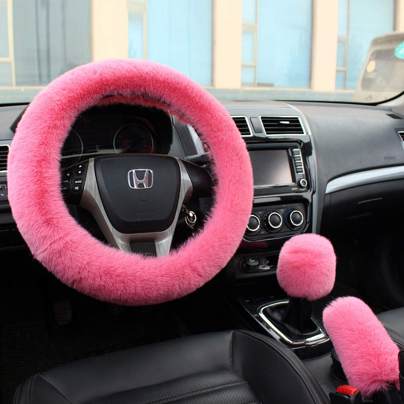  [AUSTRALIA] - Valleycomfy Winter Warm Faux Wool Steering Wheel Cover with Handbrake Cover Gear Shift Cover Set Universal 15 Inch 1 Set 3 Pcs, Pink