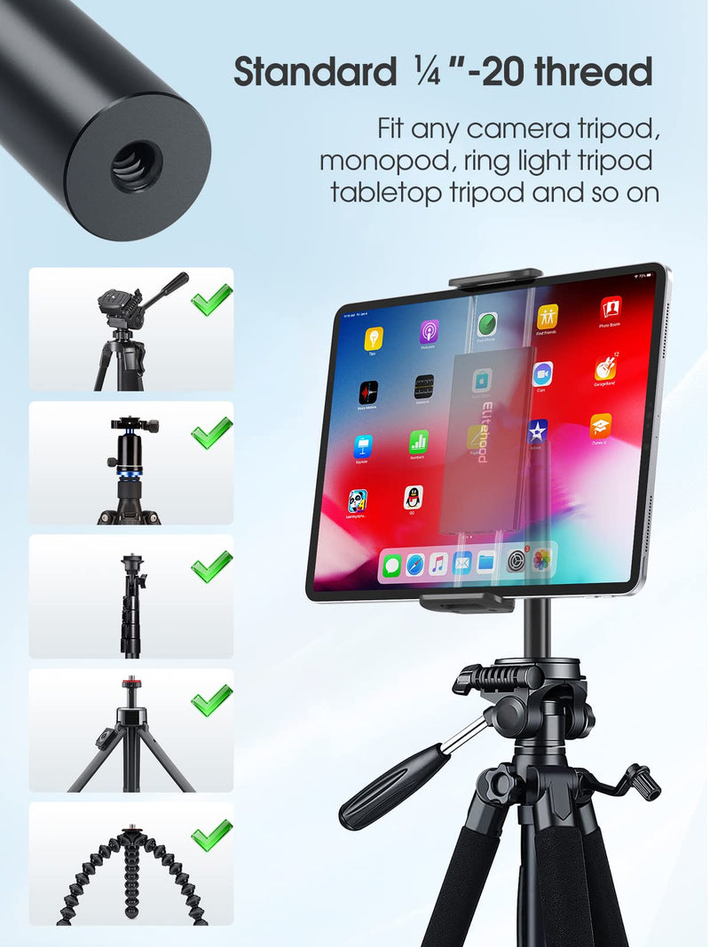  [AUSTRALIA] - Elitehood 2022 Newest Aluminum iPad Tripod Mount, 360° Tilt Rotation iPad Holder for Tripod, Tablet Tripod Mount for iPad Pro 12.9, iPad Air Mini, for 1/4 Screw Tripod, Camera Tripod, 3/8 Mic Stand 4 -13 inch