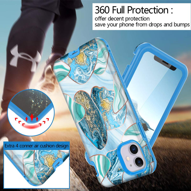  [AUSTRALIA] - Hekodonk for iPhone 11 Case Built in Screen Protector Heavy Duty High Impact Hard PC TPU Bumper Full Body Protective Shockproof Anti-Scratch Cover for Apple iPhone 11-Marble Blue Marble Blue