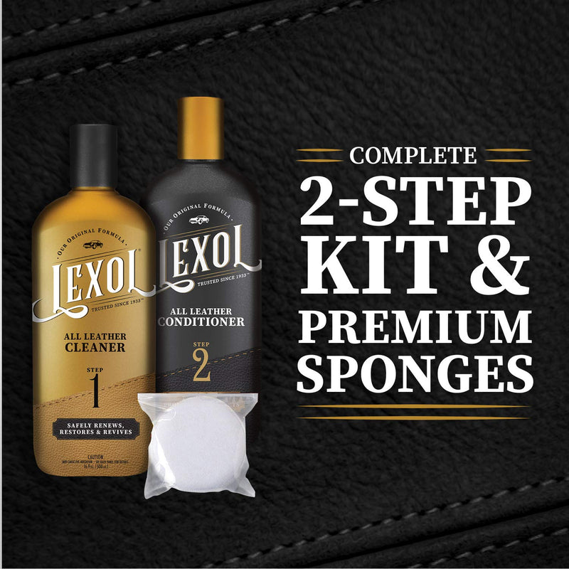  [AUSTRALIA] - Lexol Conditioner Cleaner Kit, Use on Car Leather, Furniture, Shoes, Bags, and Accessories, Quick & Easy Step Regimen, 8 oz Bottles, Includes Two Application Sponges