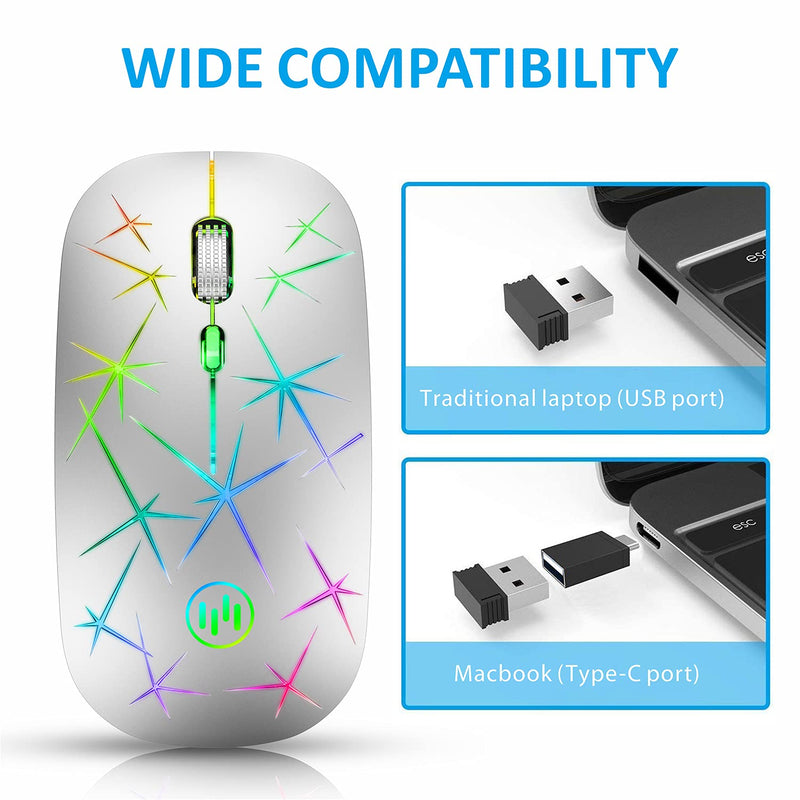  [AUSTRALIA] - TENMOS T18 LED Wireless Mouse, 2.4G Rechargeable Firework Light Up Silent Cordless Mouse with USB Receiver Type C Adapter for Laptop,Computer,MacBook(Silver) silver
