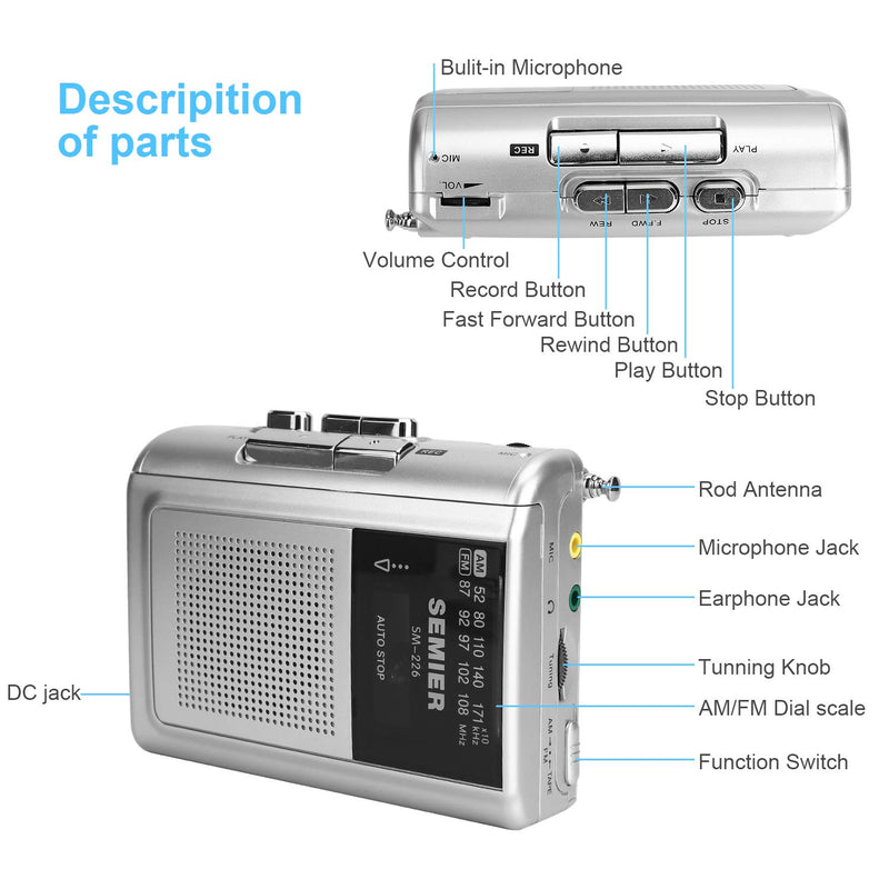 [AUSTRALIA] - SEMIER Portable Cassette Player Recorder AM FM Radio Stereo -Compact Personal Walkman Cassette Tape Player/Recorder with Built in Speaker and Earphones -Silver