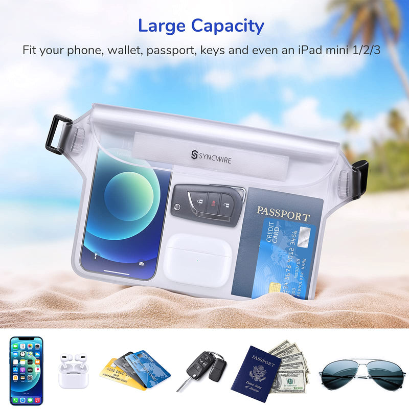  [AUSTRALIA] - Syncwire IPX8 Waterproof Pouch Bag with Adjustable Waist Strap-Screen Touchable Dry Bag with Adjustable Belt for Phone Valuables for Beach Swimming Snorkeling Boating Fishing Kayaking, etc Black +White