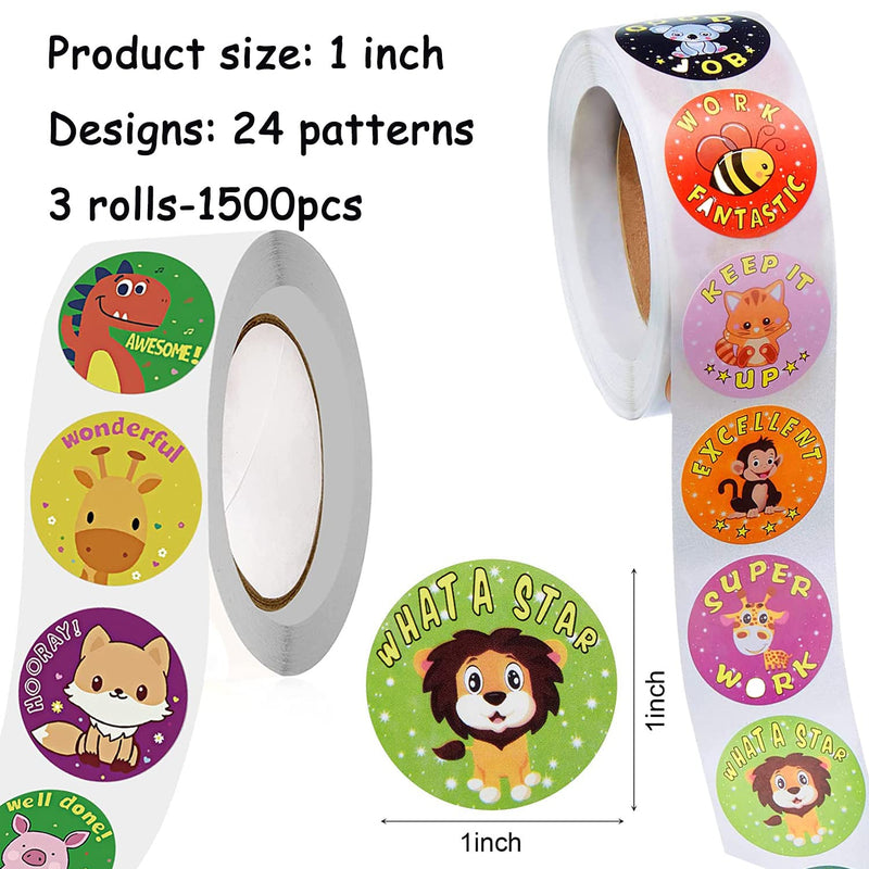  [AUSTRALIA] - 3 Rolls Reward Motivational Stickers for Kids 1500 Pieces 1 Inch School Stickers Teacher Supplies Animal Cartoon Incentive Training Stickers for School Classroom Home, 24 Designs