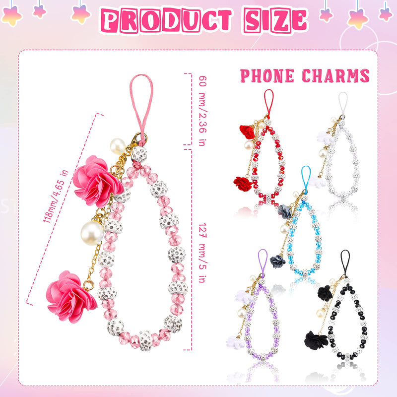  [AUSTRALIA] - 6 Pieces Cell Phone Straps Crystal Flower Pendant Mobile Phone Lanyard Beads Chain Anti-Lost and Non-Slip Mobile Phone Strap Charm for Keychain Camera U Disks Handbag Decoration Accessories