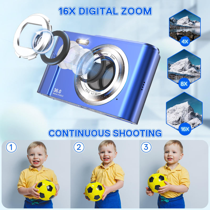  [AUSTRALIA] - Digital Camera, Bofypoo FHD 1080P 36MP Kids Vlogging Camera with 32GB Card, 16X Zoom Point and Shoot Digital Camera, Portable Mini Camera Compact Camera for Teens,Beginners Blue