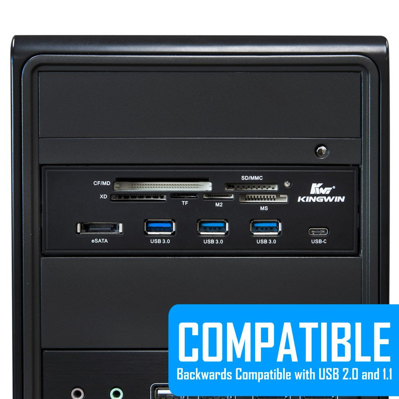  [AUSTRALIA] - Kingwin Powered USB Hub 3.0 w/ 1 USB-C Port, SD Card Reader & Micro SD Card Reader - Sata Power Port w/Lightning Speed Data Transfer Up to 5Gbps - 5.25" Computer Case Front Bay, black (KW525-3U3CR)