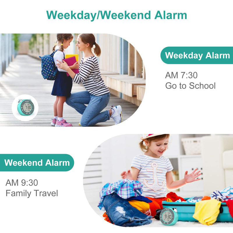  [AUSTRALIA] - REACHER Digital Dual Alarm Clock with Weekday/Weekend Mode, Touch-Activated Snooze, Backlight, 12H/24H Display, Twin Bell, Easy to Operate, Battery Operated Small Clock for Kids (Mint Green)