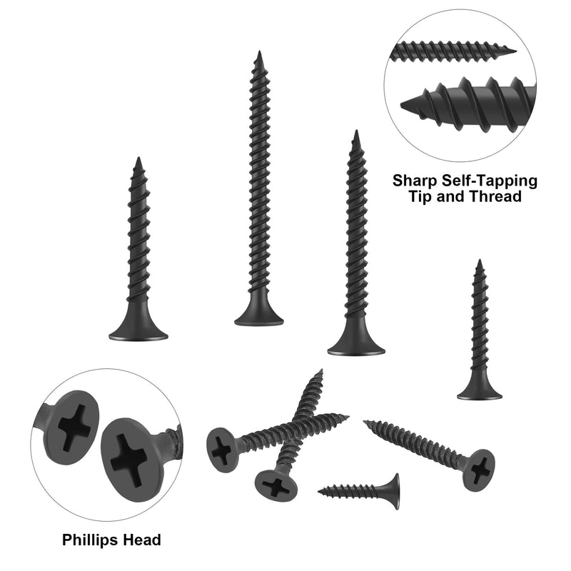  [AUSTRALIA] - FARRAY #6 Drywall Screws, 150pcs Phillips Wood Screws Assortment Kit, Carbon Steel Black Self Tapping Screws, Screw Set for Drywall Sheetrock, Furniture