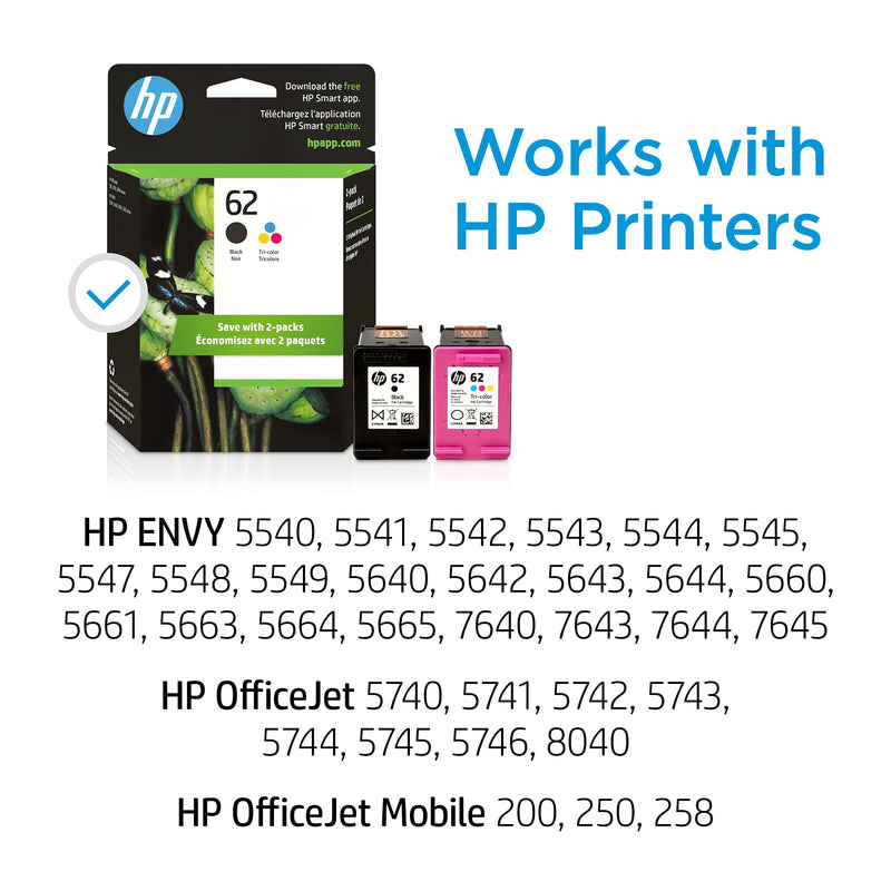  [AUSTRALIA] - Original HP 62 Black/Tri-color Ink (2-pack) | Works with HP ENVY 5540, 5640, 5660, 7640 Series, HP OfficeJet 5740, 8040 Series, HP OfficeJet Mobile 200, 250 Series | Eligible for Instant Ink | N9H64FN