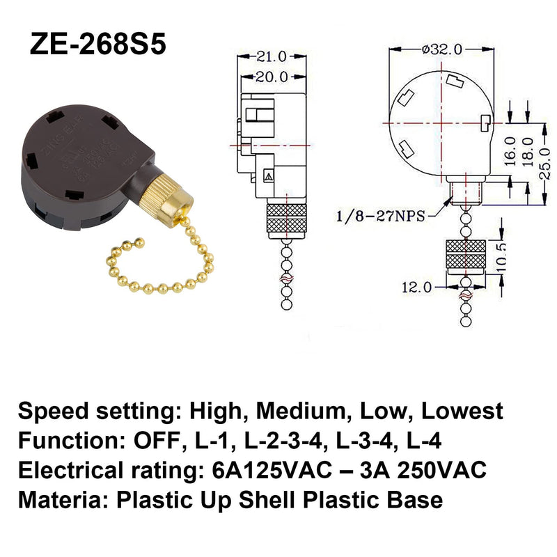  [AUSTRALIA] - ZE-268S5 Ceiling Fan Switch 4 Speed 5 Wire Pull Chain Switch Ceiling Fan Replacement Parts Fan Accessories Speed Control Switch (Brass Chain) Brass