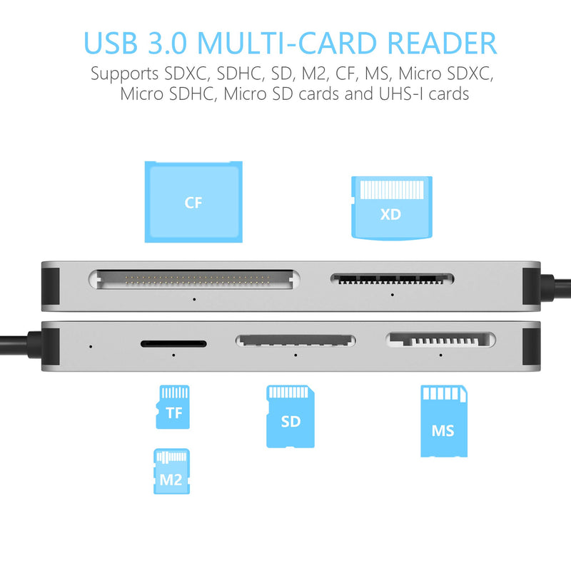 Cateck USB3.0 Card Reader, 6 in 1 Aluminum Card Reader, USB 3.0 (5Gps) High Speed TF/SD/MS/M2/XD/CF Memory Card Solt Combo Adapter, Compatible with Windows XP/Vista / 7/8 / 8.1/10, Mac OS, Linux, - LeoForward Australia