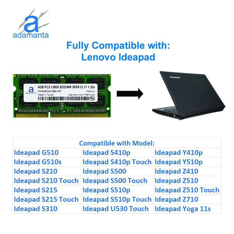  [AUSTRALIA] - Adamanta 4GB (1x4GB) Laptop Memory Upgrade Compatible for Lenovo Flex, Ideapad, Thinkpad DDR3L 1600Mhz PC3L-12800 SODIMM 2Rx8 CL11 1.35v Notebook RAM