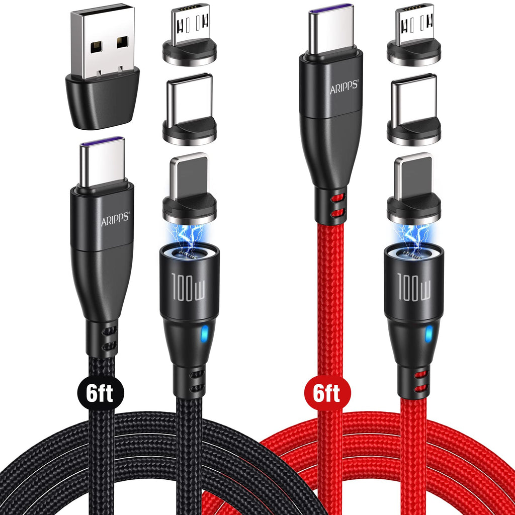  [AUSTRALIA] - 100W USB C to USB C Magnetic Cable,(2-Pack 6ft), Aripps 6 in 1 USB C/A to Type C PD Fast Charging, Magnetic Type C Charging Cable Data Sync, Compatible with Micro USB, Type C and Most Devices