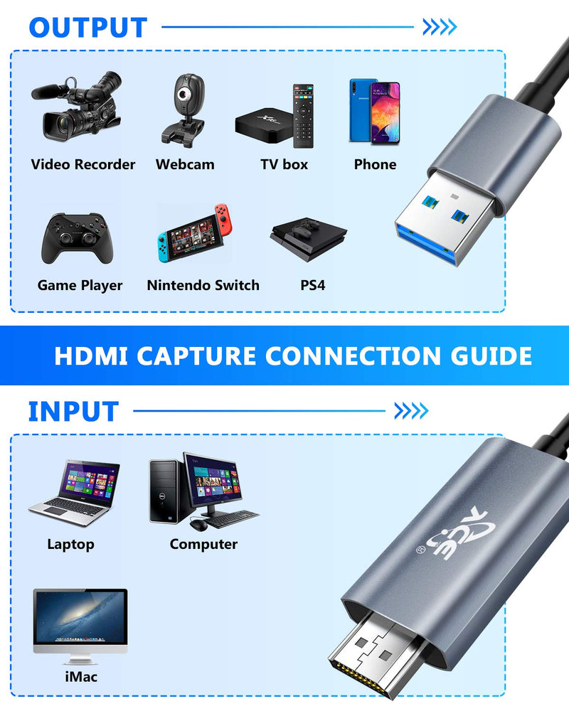 [AUSTRALIA] - Capture Card 6ft , 4K HDMI Game Capture Card to Live Streaming and Record, USB 3.0 Video Capture Device for Windows, MacOS, Linux, PS4, Nintendo Switch, Xbox One, Games, Broadcast Live