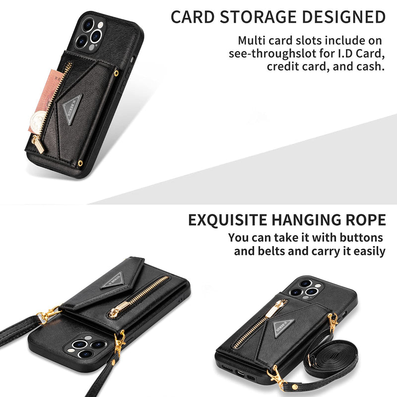  [AUSTRALIA] - SZHAIYU Wallet Crossbody for iPhone 11 Phone Case with Lanyard Strap Credit Card Holder, PU Leather Protective Handbag Zipper Purse Kickstand Cover Women Girl (Black) Black