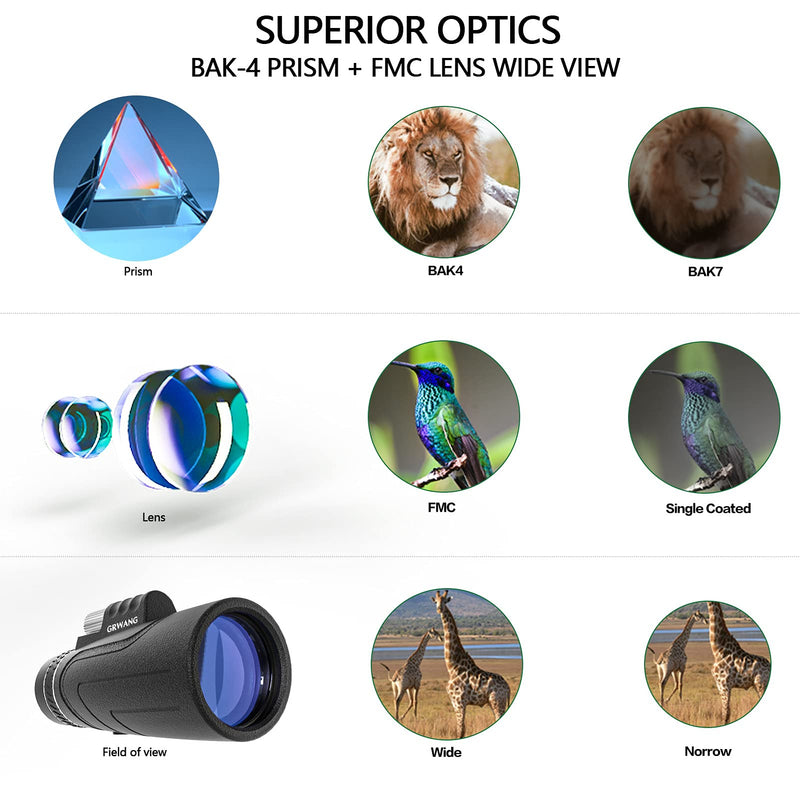  [AUSTRALIA] - GRWANG 12X50 HD Monocular Telescope Clear Vision for Adults&Kids, Waterproof BAK4 Prism Monoculars for Bird Watching Hunting Camping,Cool Stuff Gifts for Outdoorsman,with Smartphone Adapter & Tripod