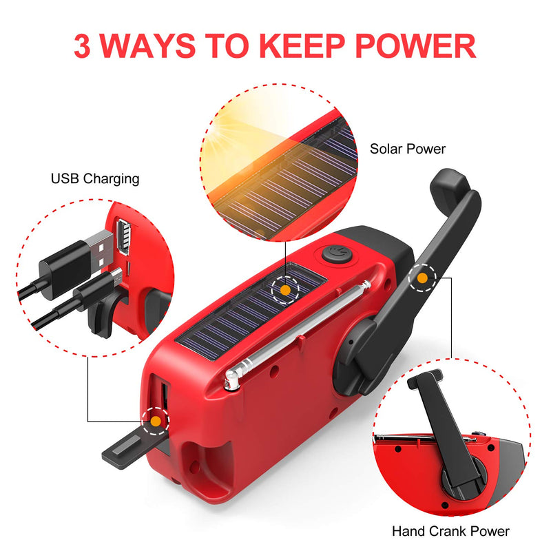  [AUSTRALIA] - Hand Crank Radio with Flashlight for Emergency, Esky Portable Solar Radios, Self Powered AM/FM NOAA Weather Radio with 1000mAh Power Bank Cell Phone Charger, USB Rechargeable, Great Emergency Supplies Red