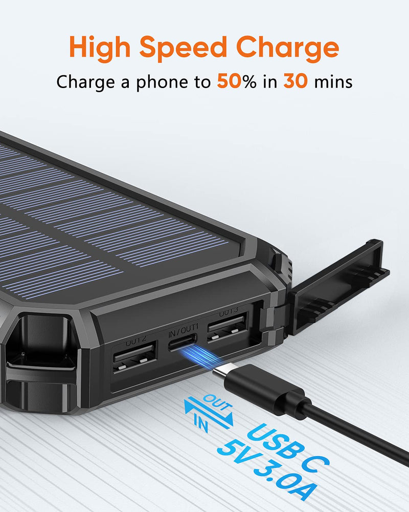  [AUSTRALIA] - Solar Power Bank 26800mAh, Riapow Solar Charger Fast Charge 3.0A Qi Portable Charger External Battery with 4 Outputs & LED Flashlight Phone Chargers for Phone, Tablet and Camping Outdoors Black