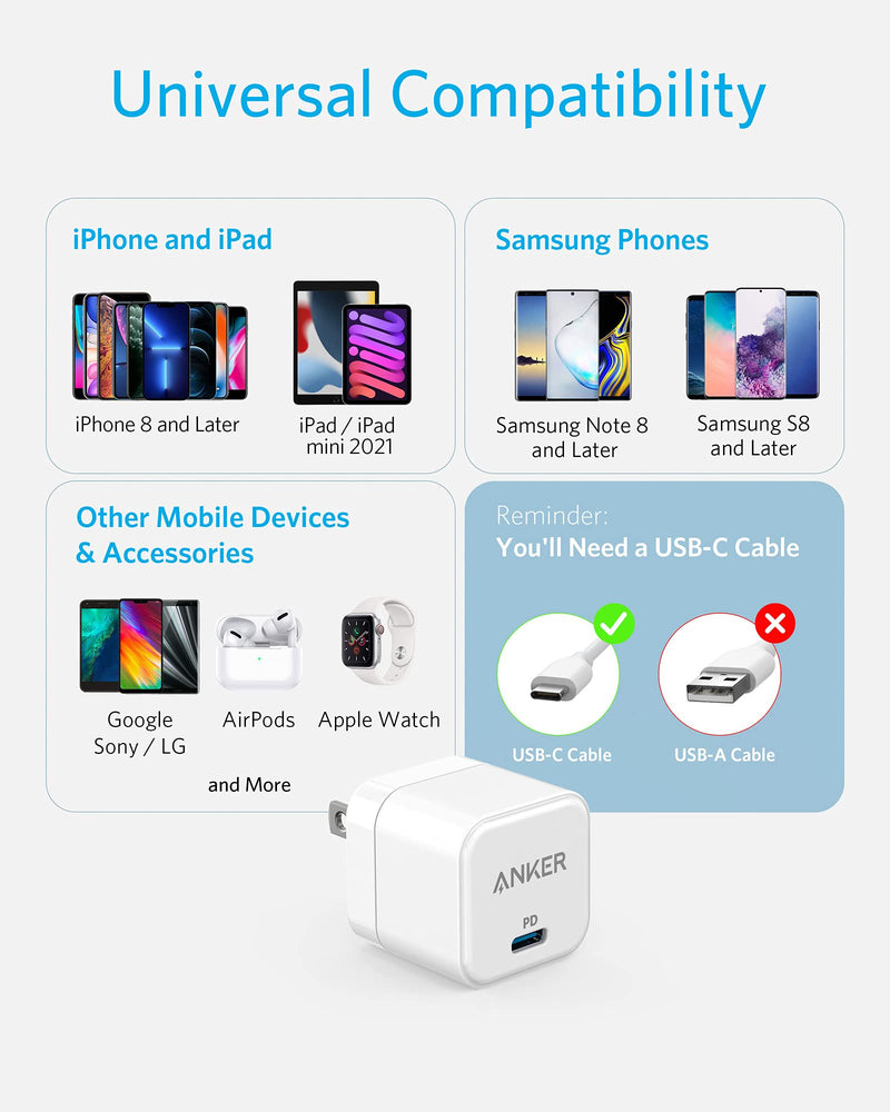  [AUSTRALIA] - USB C Charger, Anker 20W Fast Charger with Foldable Plug, PowerPort III 20W Cube Charger for iPhone 13/13 Mini/13 Pro/13 Pro Max/12, Galaxy, Pixel 4/3, iPad/iPad Mini, and More (Cable Not Included)