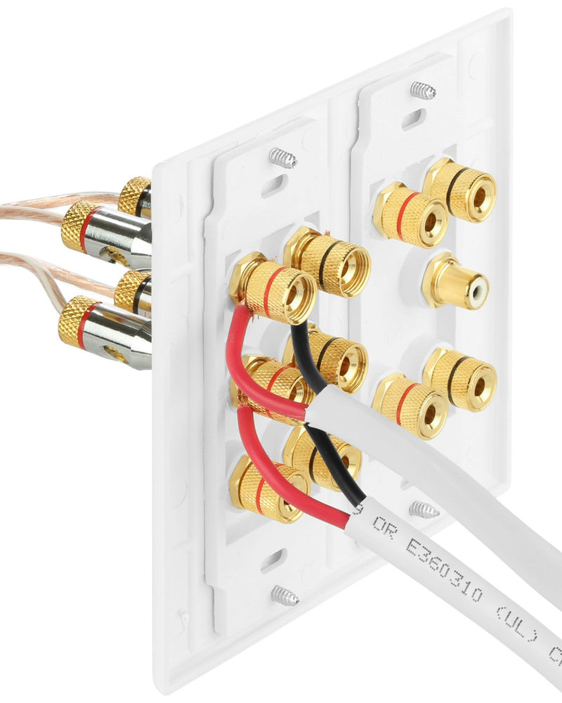  [AUSTRALIA] - Fosmon (2-Gang 5.1 Surround Distribution Home Theater Wall Plate - Premium Quality Gold Plated Copper Banana Binding Post Coupler Type Wall Plate for Speakers and RCA Jack for Subwoofer (White)
