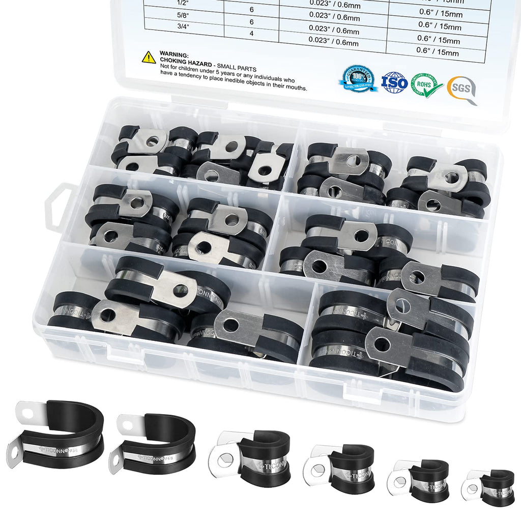  [AUSTRALIA] - TICONN 42PCS Cable Clamps Set - Rubber Cushioned 304 Stainless Steel Hose Clamps Loop Clamps Pipe Clamps in 6 Sizes (42PCS combo, 1/4'' 5/16'' 3/8'' 1/2'' 5/8'' 3/4'') 42 pcs Combo