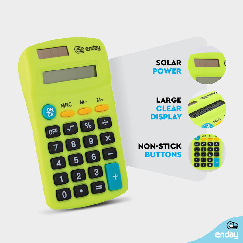  [AUSTRALIA] - Calculator Green, Basic Small Solar and Battery Operated, Large Display Four Function, Auto Powered Handheld Calculator School and Kids Available in Blue, Red, Purple, Grey, Pink, 1 PK – by Enday