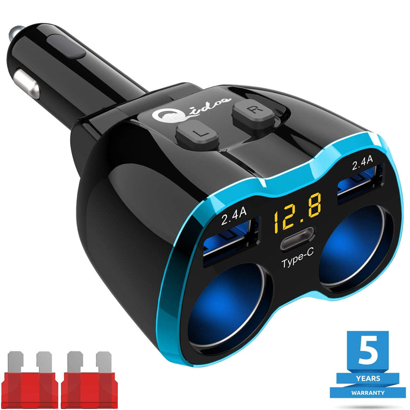  [AUSTRALIA] - USB C Car Charger, Cigarette Lighter Splitter Adapter 2 Socket Type C Multi Power Outlet 12V/24V 80W DC with LED Voltmeter Switch 5.8A Dual USB Port for Mobile Cell Phone GPS Dash Cam