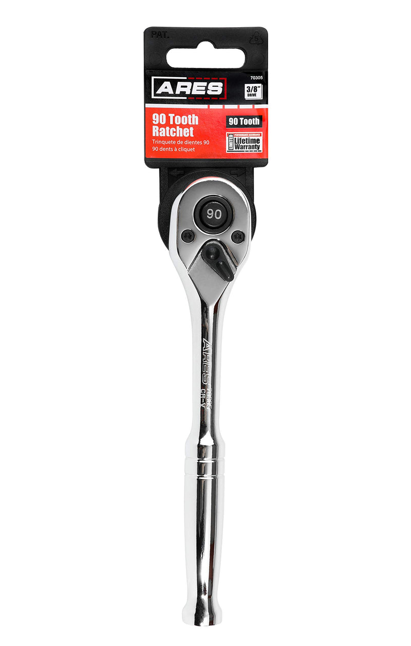  [AUSTRALIA] - ARES 70305-3/8-Inch Drive 90-Tooth Ratchet - Premium Chrome Vanadium Steel Construction & Mirror Polish Finish - Quick Release for Easy Socket Change - 90-Tooth Reversible Design with 4 Degree Swing 3/8-inch Drive 90 Tooth Ratchet