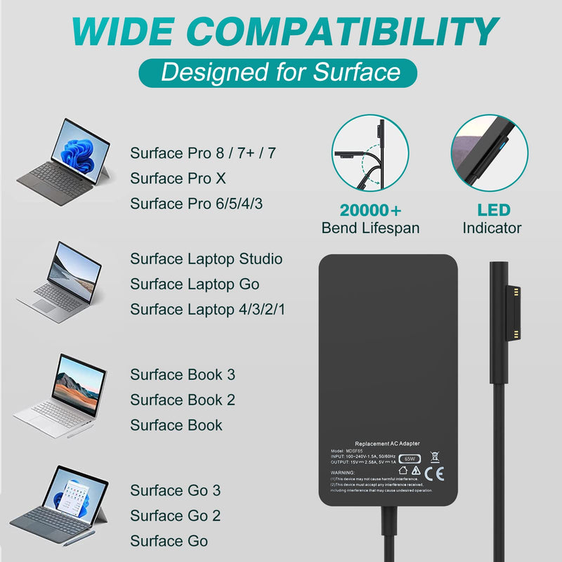  [AUSTRALIA] - 65W Surface Pro Laptop Charger for Microsoft Surface Pro 9, 8, 7+, 7, 6, 5, 4, 3, X, Windows Surface Laptop 5, 4, 3, 2, 1 Studio, Surface Go Tablet, Surface Book 3, 2, 1, Support 44W, 36W, LED, 7.8FT Black