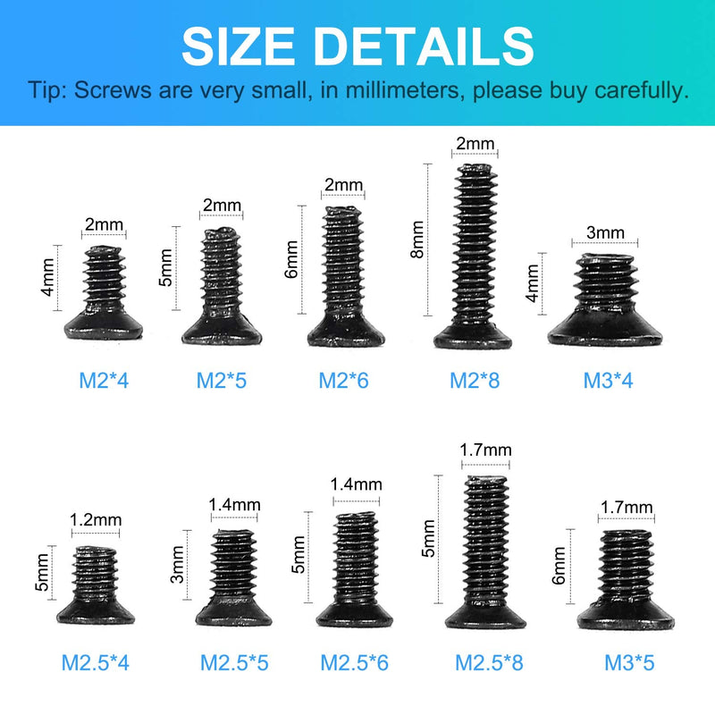  [AUSTRALIA] - MEIYYJ 500pcs M2 M2.5 M3 Laptop Notebook Computer Replacement Screws Kit, PC Flat Head Phillips Screw Assortments, Countersunk SSD Electronic Repair Accessories for Sony DELL Samsung IBM HP Toshiba Black