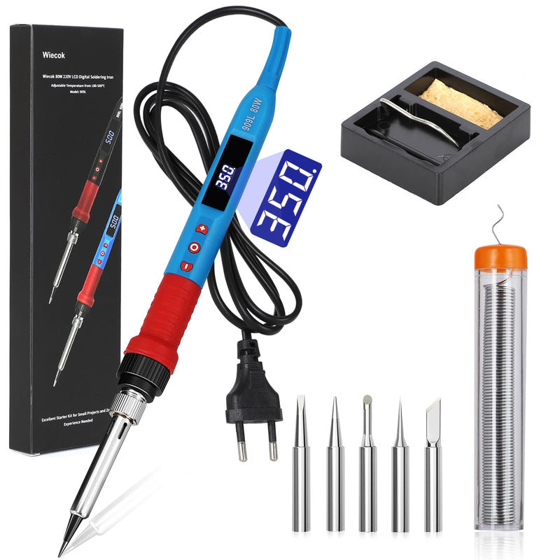  [AUSTRALIA] - Wiecok soldering iron set, 80W soldering iron with adjustable temperature (180℃-500℃), LCD screen soldering set with ON/OFF switch, soldering wire, 5 soldering tips, soldering iron kit for electrical engineering repairs blue