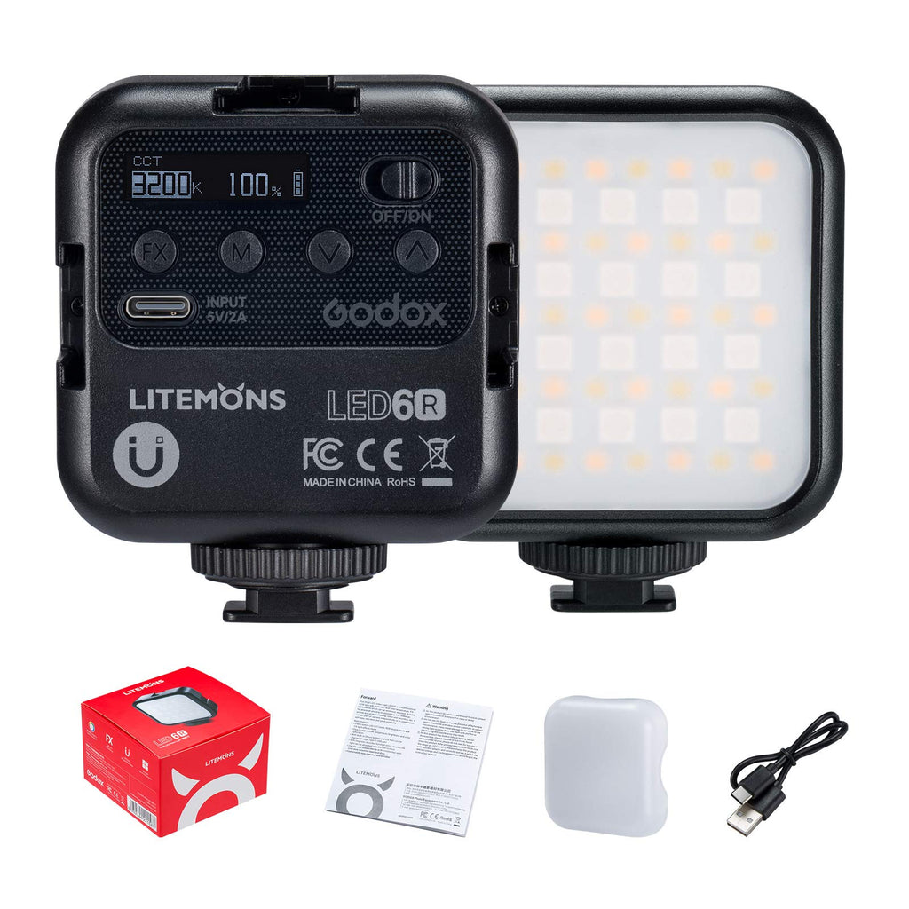  [AUSTRALIA] - Godox LITEMONS LED6R RGB LED Video Light, Rechargeable LED Camera Light, HSI Adjustable 36000 Colors, CCT Bicolor 3200K-6500K, CRI 95, 13 FX Light Effects with 3 Cold Shoe, Support Magnetic Attraction