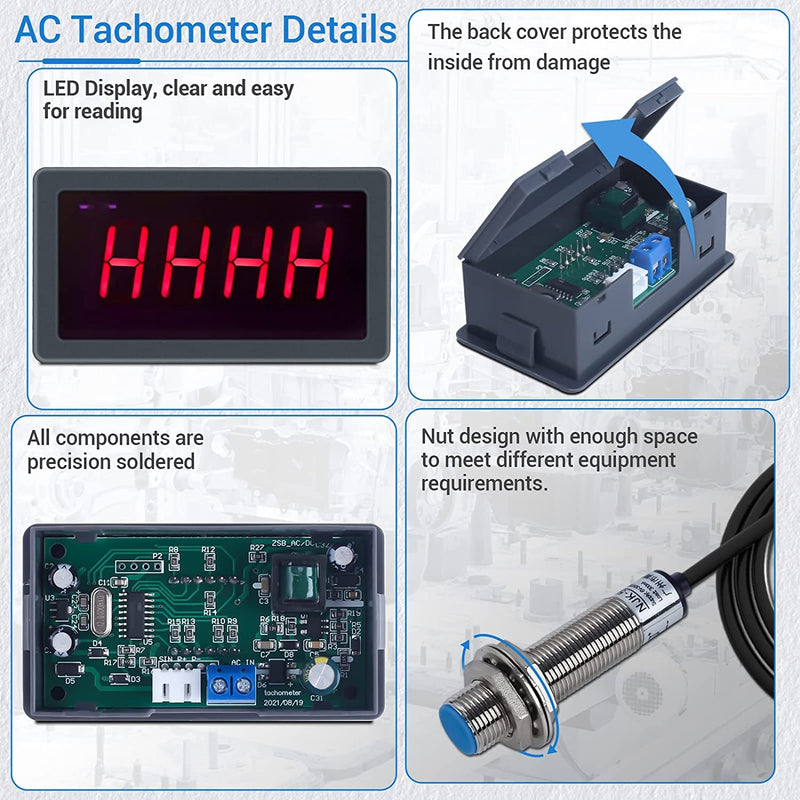  [AUSTRALIA] - DONGKER Digital LED Tachometer, AC 230V 110V Digital RPM Motor Tachometer with Hall Proximity Switch Sensor NPN Tachometer
