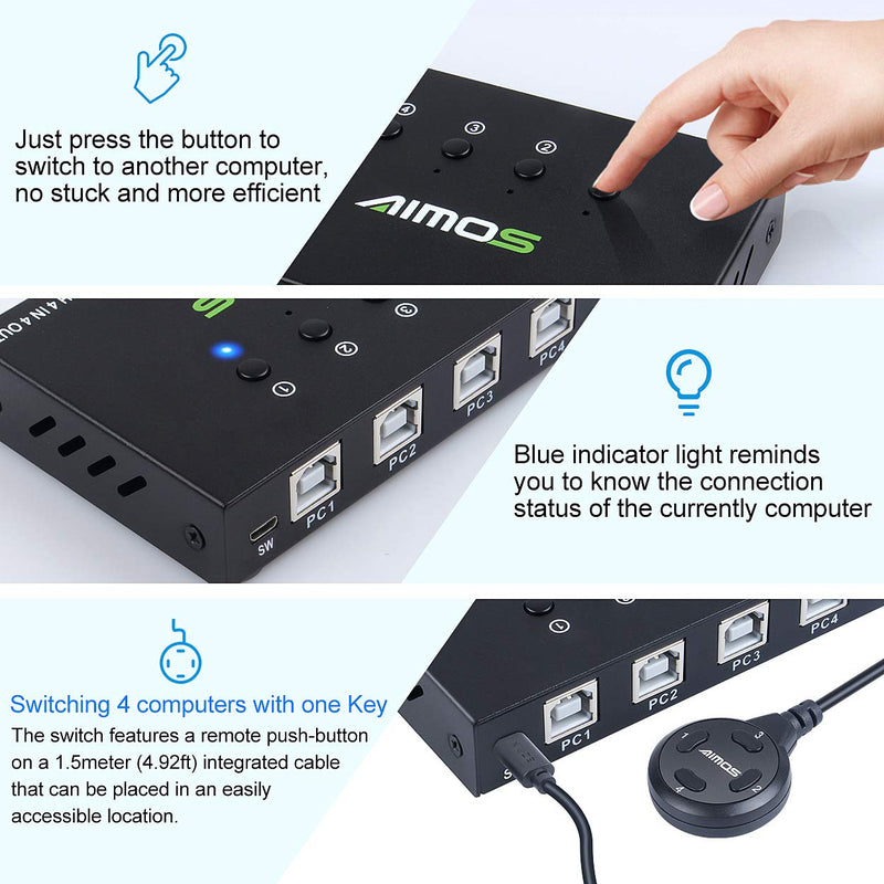  [AUSTRALIA] - USB Switch Selector 4 Port, AIMOS USB KVM Switcher 4 Computers Sharing 4 USB Devices One-Button Swapping, for Share Mouse, Keyboard, Printer, Scanner, with 4 USB Cables