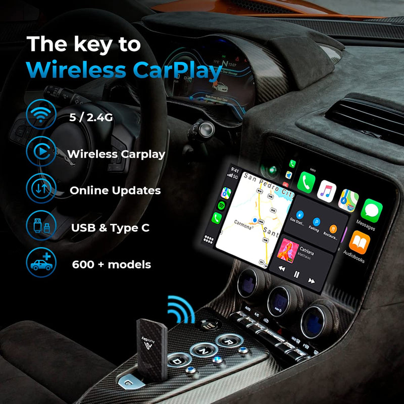  [AUSTRALIA] - Wireless CarPlay Adapter 2023 Pro Slim Edition - Smallest Newest and Fastest Wireless CarPlay Adapter - AutoSky - Factory Wired CarPlay Cars – USB-A and USB-C Cables – Wired CarPlay Required