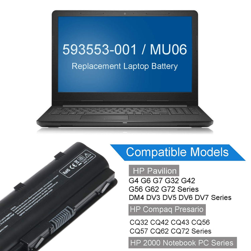  [AUSTRALIA] - 593553-001 593554-001 MU06 MU09 Extended Laptop Battery for HP Pavilion G6 G7 G62 G72 G4 / 2000 Notebook PC / DV6 DV7 DM4 / Compaq Presario CQ32 CQ42 CQ43 CQ56 CQ57 CQ62 CQ72[10.8V 5200mAh 6Cell]