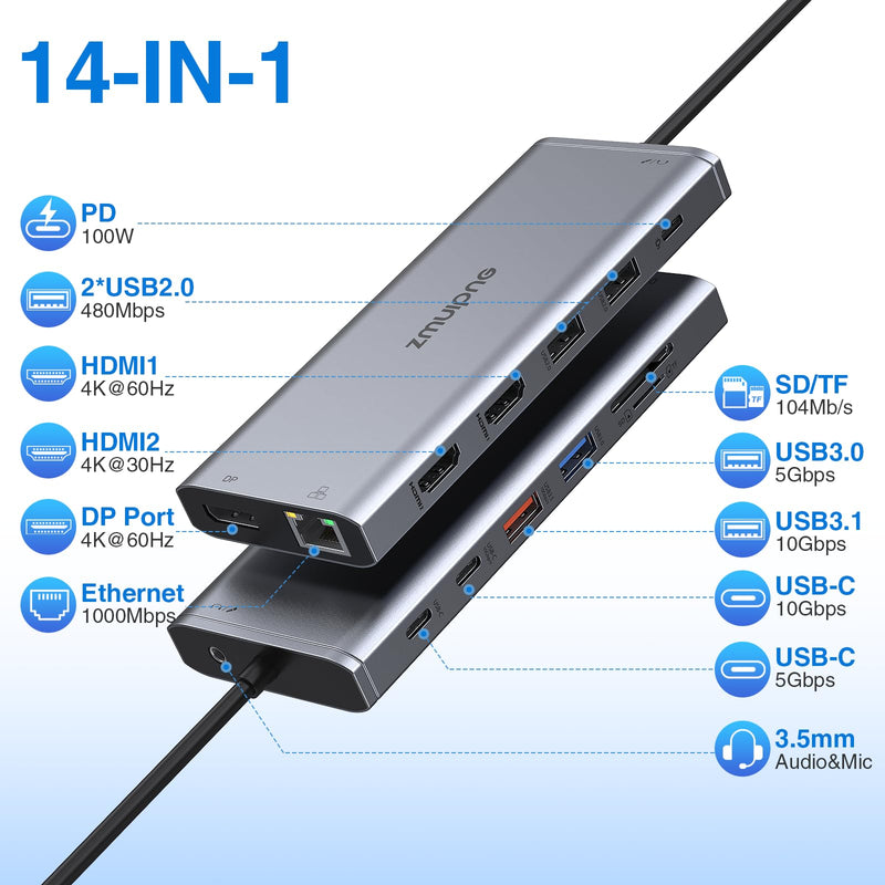  [AUSTRALIA] - USB C Laptop Docking Station Dual Monitor for Dell HP Lenovo Surface, 14 in 1 USB C to HDMI Adapter Multiple Hub Triple Monitor Type C Dongle with 4K HDMI Displayport USB 3.0 100W PD Ethernet SD/TF 14 IN 1 USB C Docking station