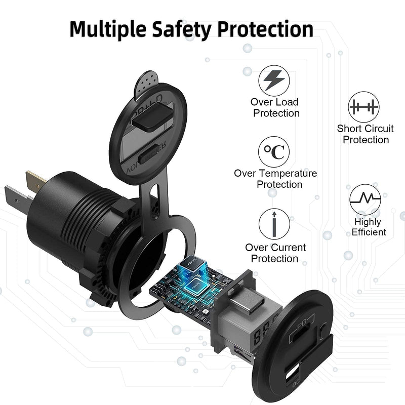  [AUSTRALIA] - [ 2 +1 Pack] USB C Car Charger Socket, Qidoe 48W Dual PD USB-C & QC 3.0 USB Outlet with LED Voltmeter and ON/Off Switch Fast Car Charger Adapter for 12V/24V Car, Boat, RV, Truck, Golf, Motorcycle