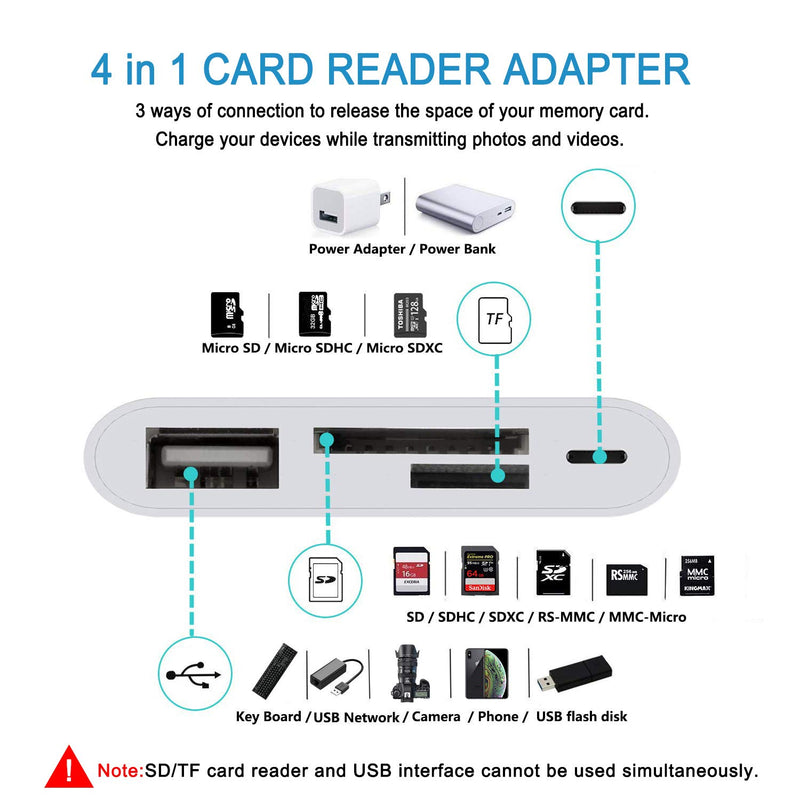 SD TF Card Reader Adapter for iPhone/iPad,4 in 1 USB OTG Camera Connection Kits Adapter with SD TF Card Reader and Charge Adapter Compatible for iPhone/iPad,Support Newest iOS 14-White - LeoForward Australia