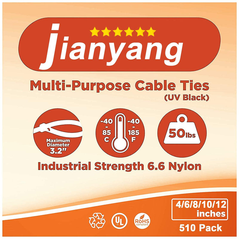  [AUSTRALIA] - 510pcs Cable Zip Ties, 4+6+8+10+12-Inch Nylon Zip Tie Heave Duty, Self-Locking Wire Management Ties with 50 Pounds Tensile Strength Assorted Adjustable Tie Wraps for Home, Office, Garden and Workshop Black
