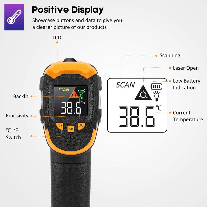  [AUSTRALIA] - Infrared Thermometer No Touch Digital Laser Temperature Gun with Color Display -58℉～1112℉(-50℃～600℃)Adjustable Emissivity - for Cooking/BBQ/Freezer - Meat Thermometer Included -Non Body Thermometer