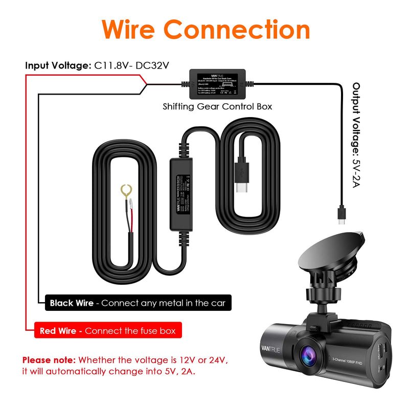  [AUSTRALIA] - Vantrue 11.5ft Type C USB 12V 24V to 5V Dash Cam Hardwire Kit with Mini, ACS, ATO, Micro2 Add a Circuit Fuse Holders, Low Voltage Protection for N4, N2S Dash Cam