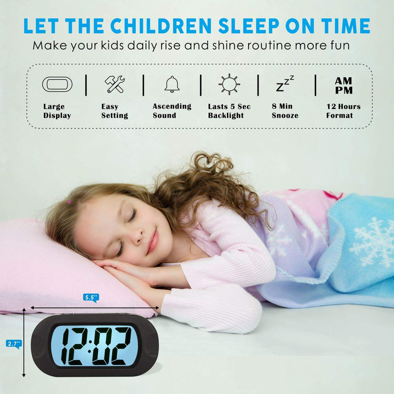  [AUSTRALIA] - Kids Alarm Clock - Plumeet Large Digital LCD Travel Alarm Clocks with Snooze and Night Light - Ascending Sound and Handheld Sized - Best Gift for Kids (Black) Black