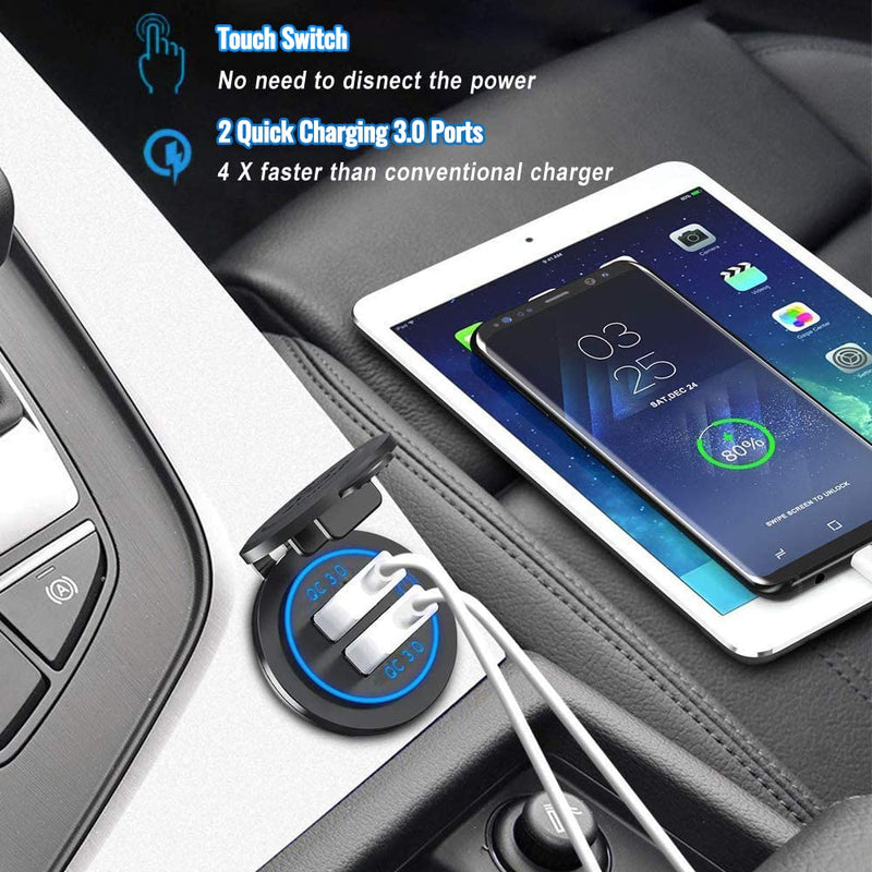  [AUSTRALIA] - Quick Charge 3.0 Dual USB Car Charger Socket with Touch Switch 12V/24V 36W QC3.0 Dual USB Fast Charger Socket Power Outlet for Marine, Boat, Motorcycle, Truck, Golf Cart QC3.0 With Switch
