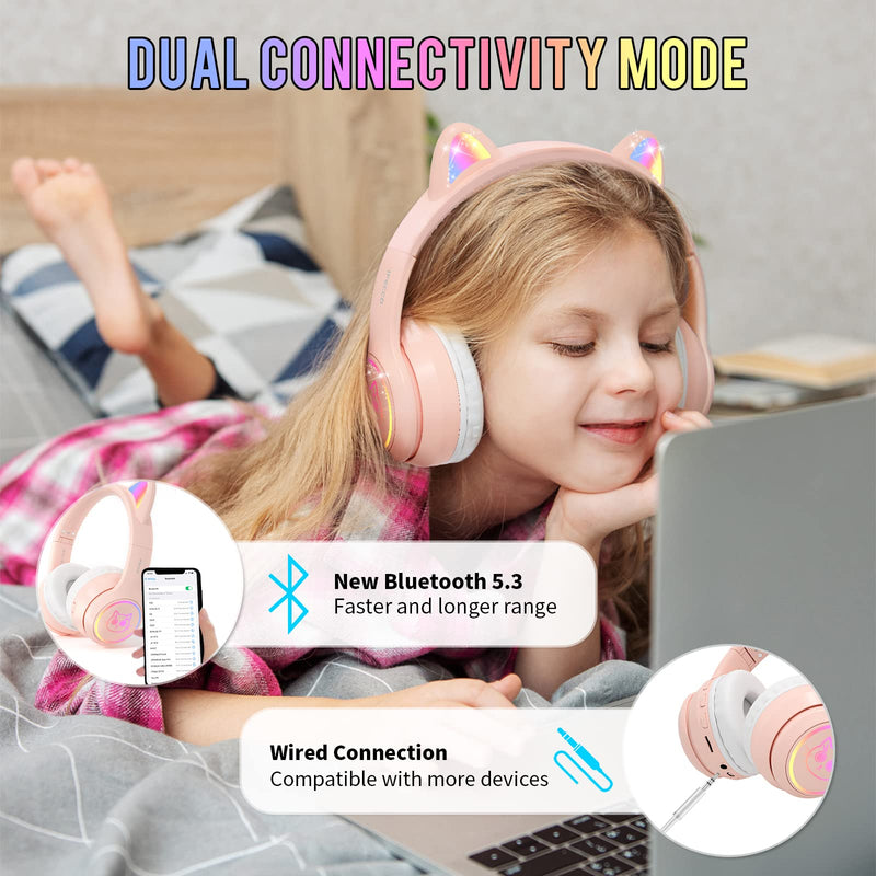  [AUSTRALIA] - Cat Ear Headphones for Children IFECCO Cute Bluetooth Wireless Headset On-Ear with Led Light Up for Kids Girls Boys School Travel (Pink) Pink