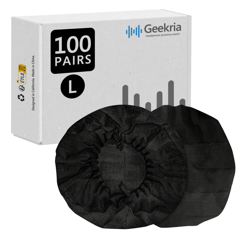  [AUSTRALIA] - Geekria 100 Pairs Disposable Headphones Ear Cover for Large Over-Ear Headset Earcup, Stretchable Sanitary Ear Pads Cover, Hygienic Ear Cushion Protector (L/Black) L-12CM